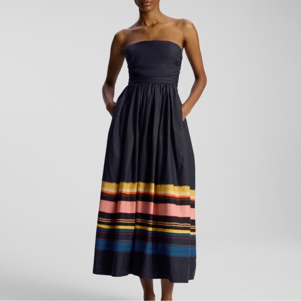 A.L.C. Tate Strapless Midi Dress Navy Blue Stripes Cotton Poplin Lagos Print NWT